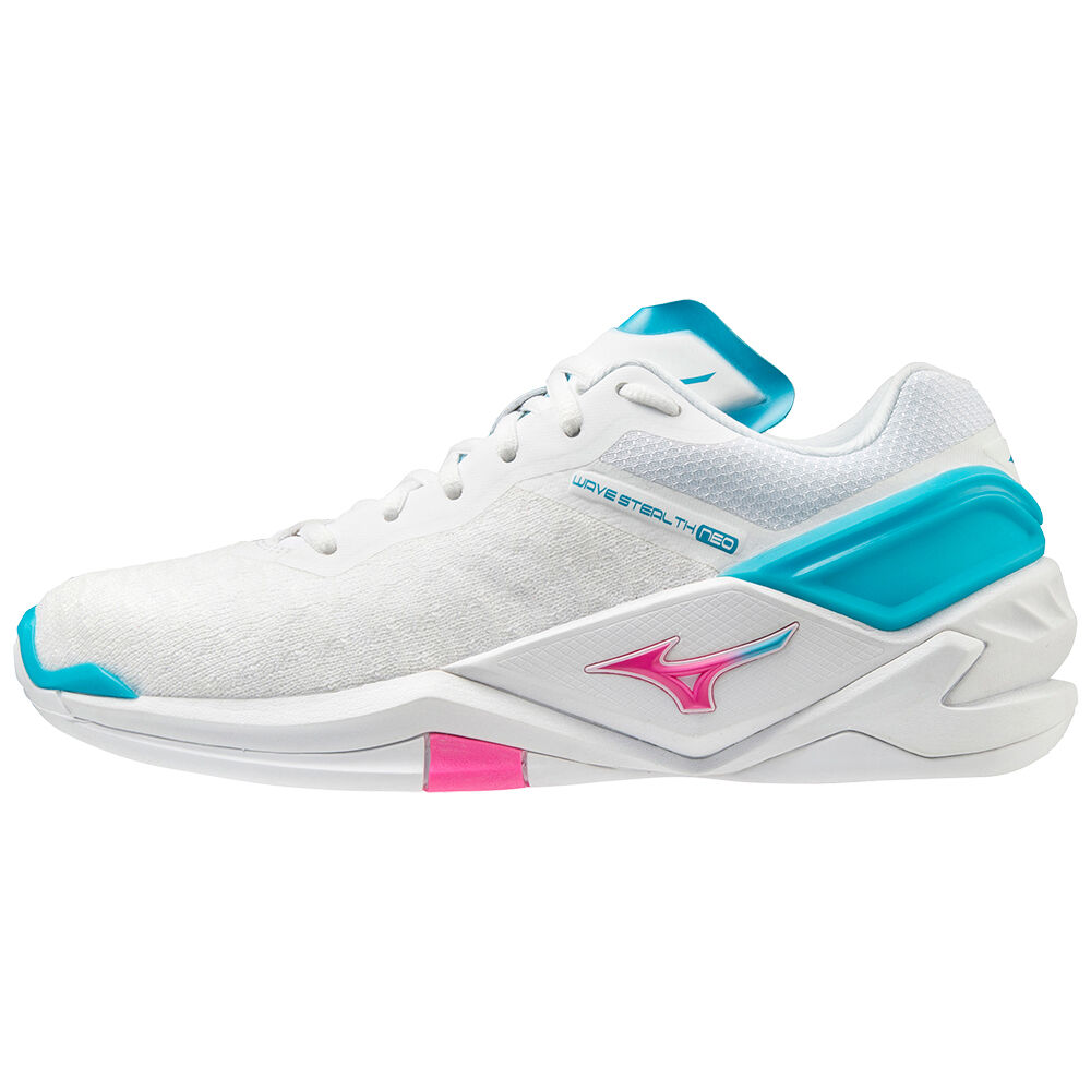 Tenis Handebol Mizuno Wave Stealth Neo - Mulher - Branco/Rosa/Azuis Turquesa - XUILB7312